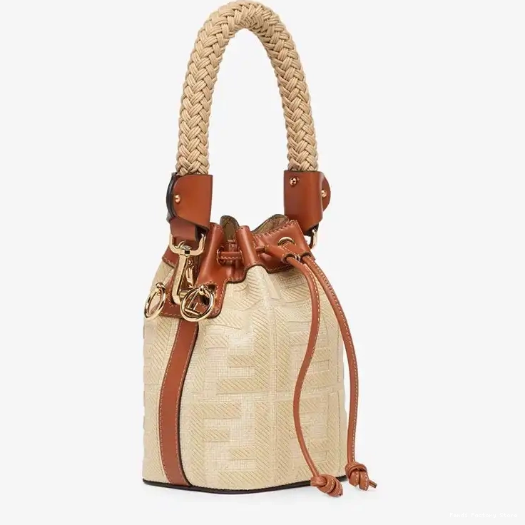 Cheap Beige with Motif Handle FF Bag Tresor Mini Bucket Mon Fendi Straw Straw In 0508